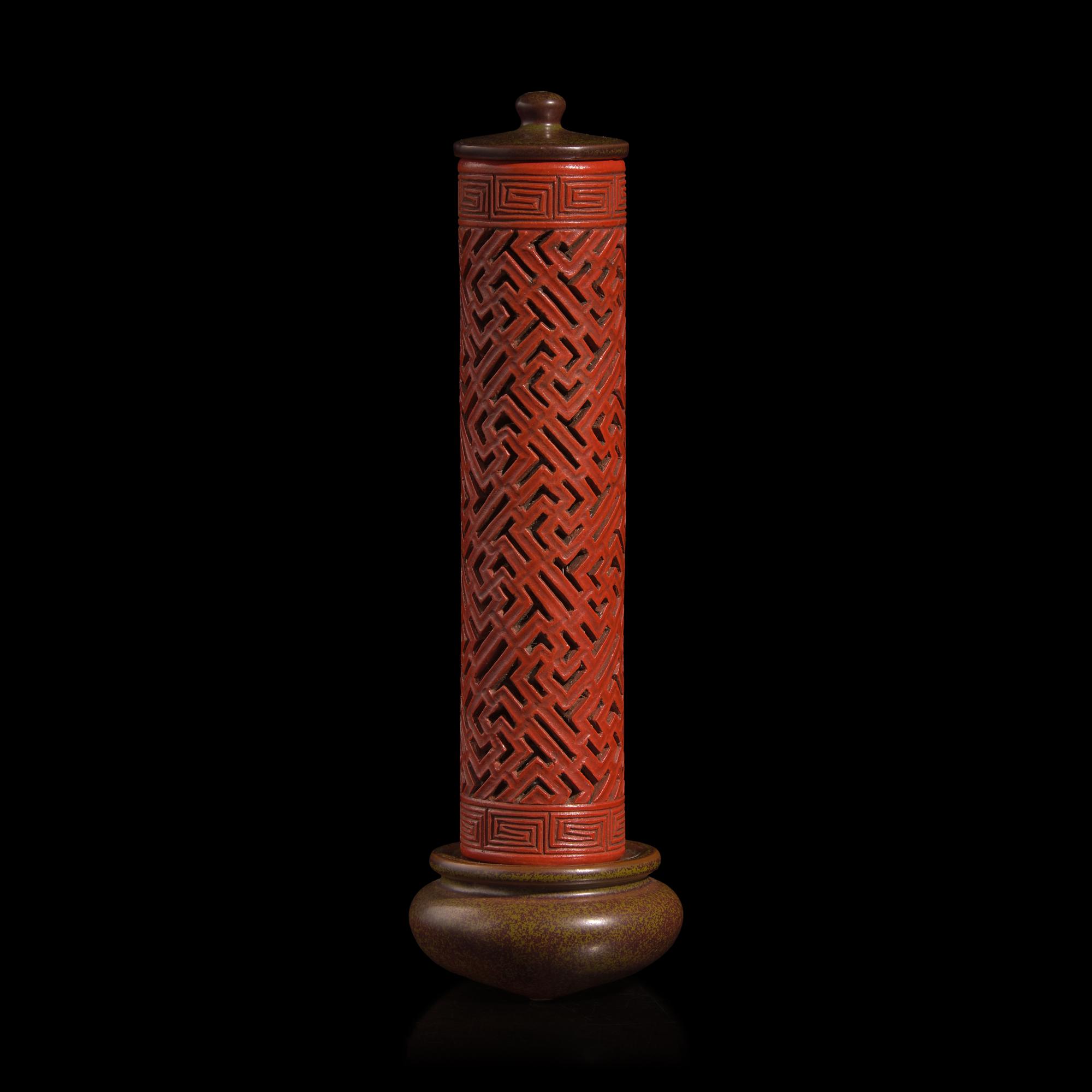 A Chinese Enameled Porcelain Faux Bronze and Lacquer Perfumier — 瓷胎仿剔紅萬字不到頭香筒