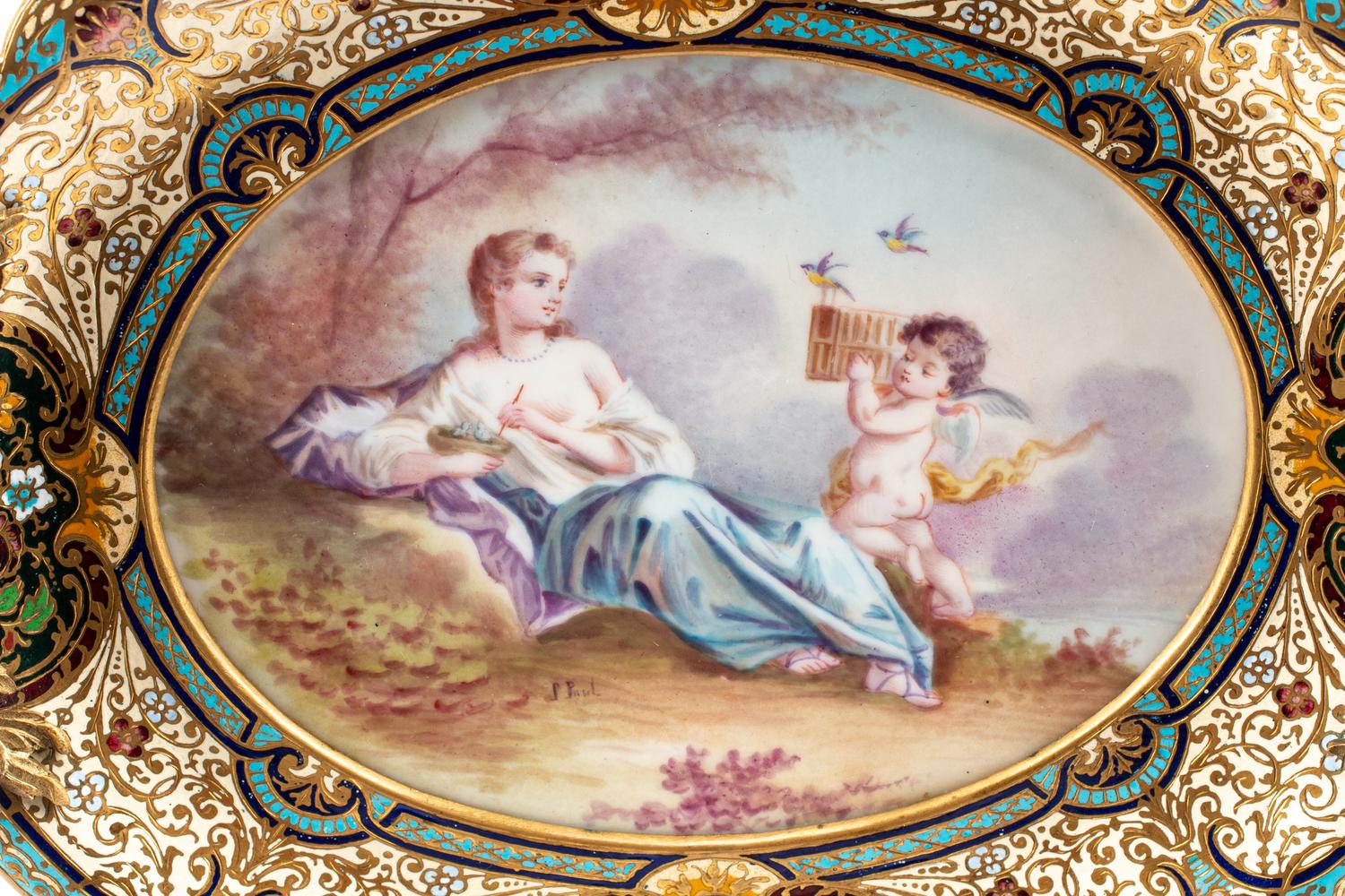 A French Painted Porcelain-Inset Gilt Bronze and Champlevé Tray