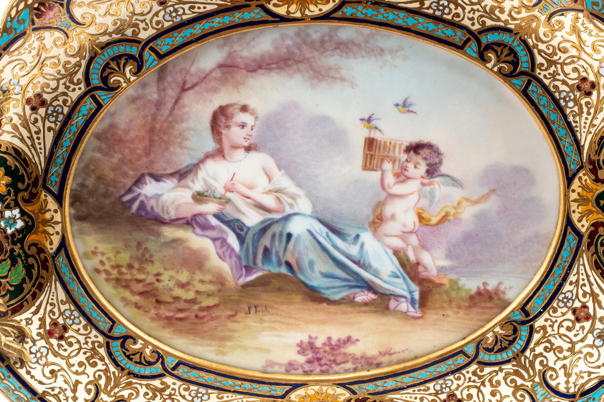 A French Painted Porcelain-Inset Gilt Bronze and Champlevé Tray