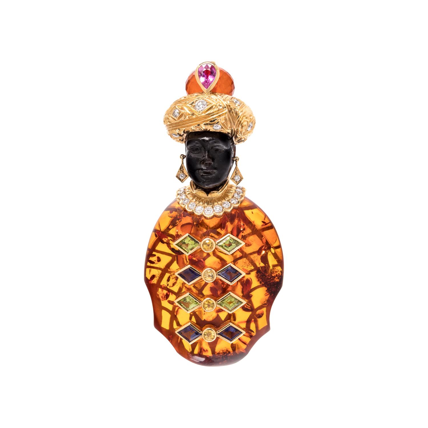 NARDI, AMBER, MULTIGEM AND DIAMOND BLACKAMOOR BROOCH