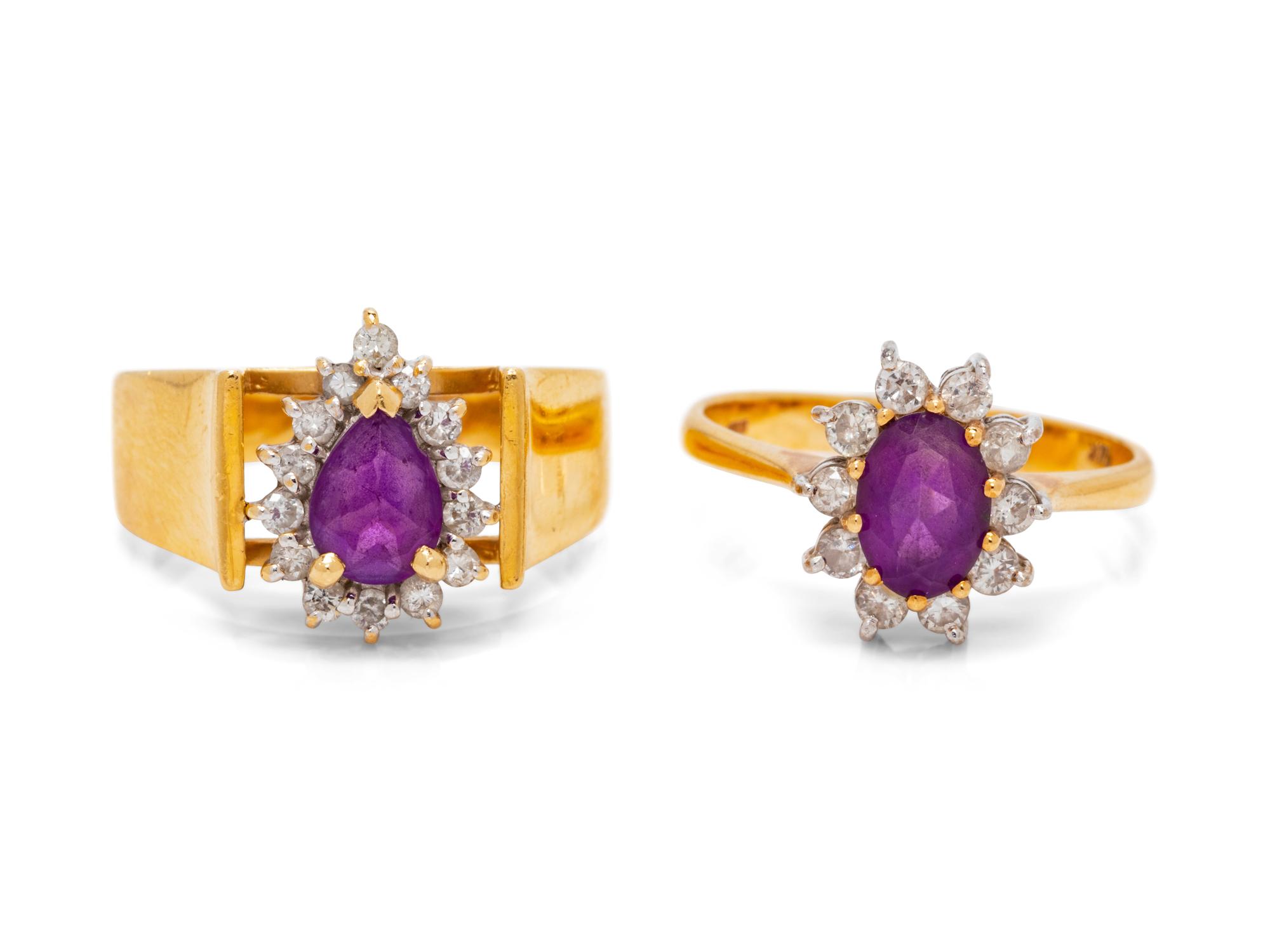 A Collection of 14 Karat Yellow Gold, Amethyst and Diamond Rings,