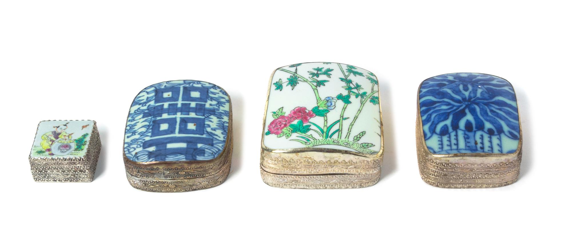 Four Porcelain Inset Silver Mounted Covered Boxes — LATE 19TH/EARLY 20TH CENTURY