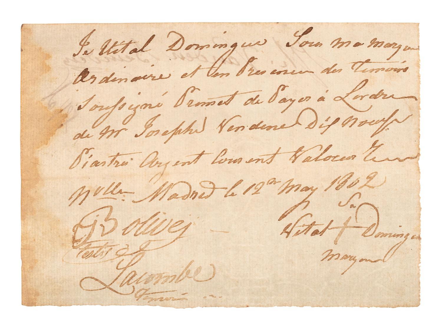 [NEW MADRID, MISSOURI]. Promissory note payable in "piastres argent." New Madrid, MO, [Louisiana, New France], 12 May 1802.