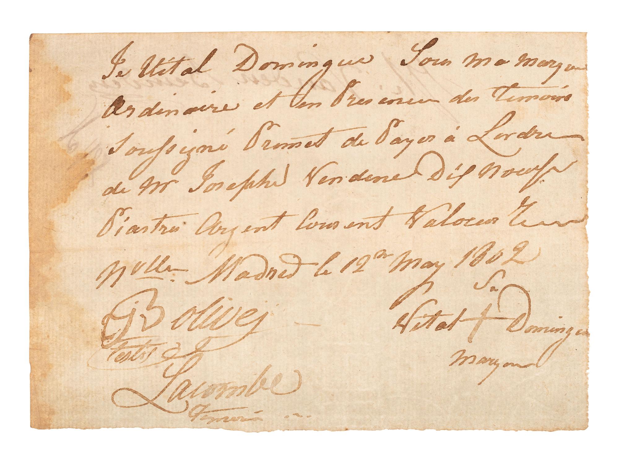 [NEW MADRID, MISSOURI]. Promissory note payable in "piastres argent." New Madrid, MO, [Louisiana, New France], 12 May 1802.