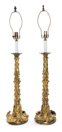 A Pair of Louis XV Style Gilt Bronze Mounted Table Lamps Height overall 30 inches. — 20TH CENTURY