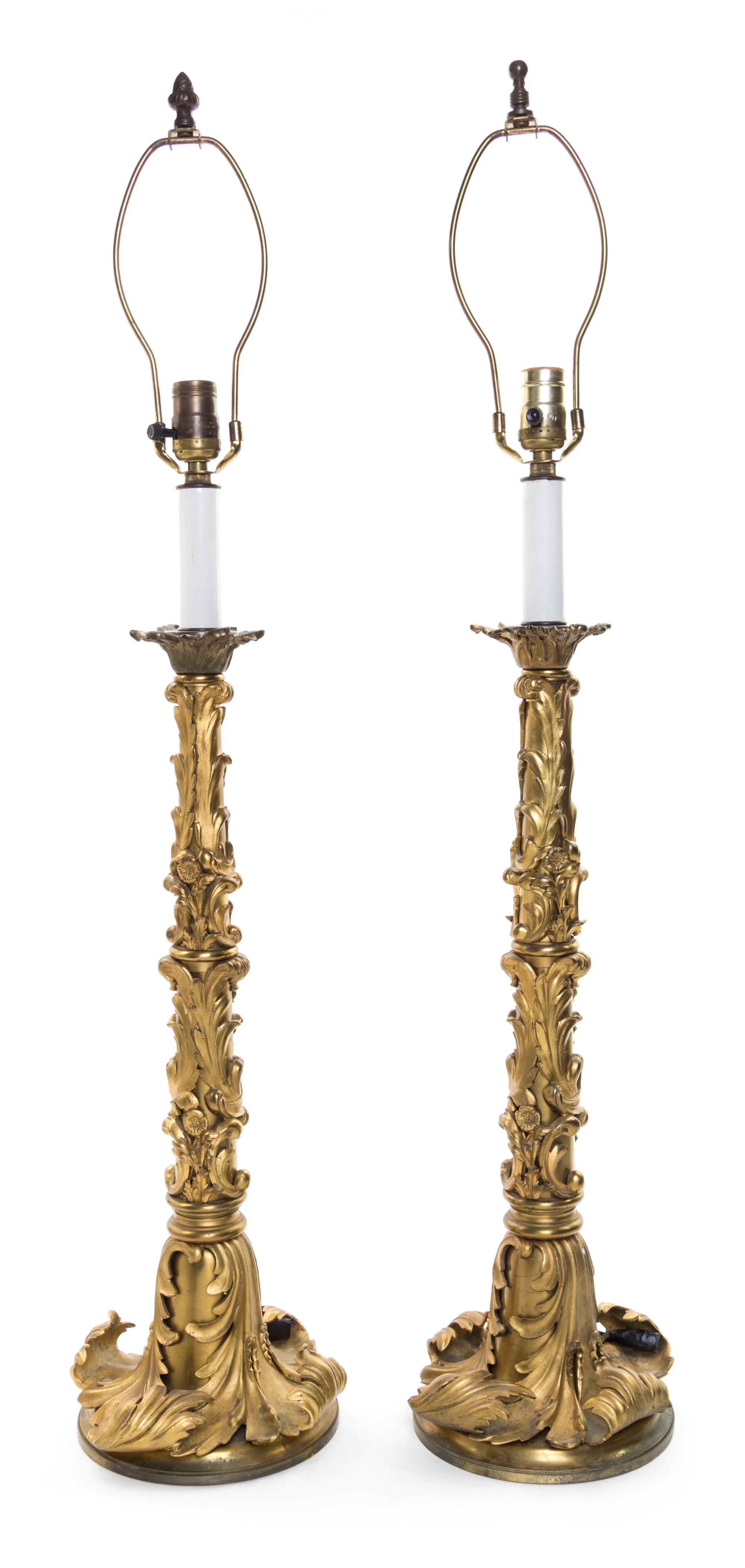 A Pair of Louis XV Style Gilt Bronze Mounted Table Lamps Height overall 30 inches. — 20TH CENTURY