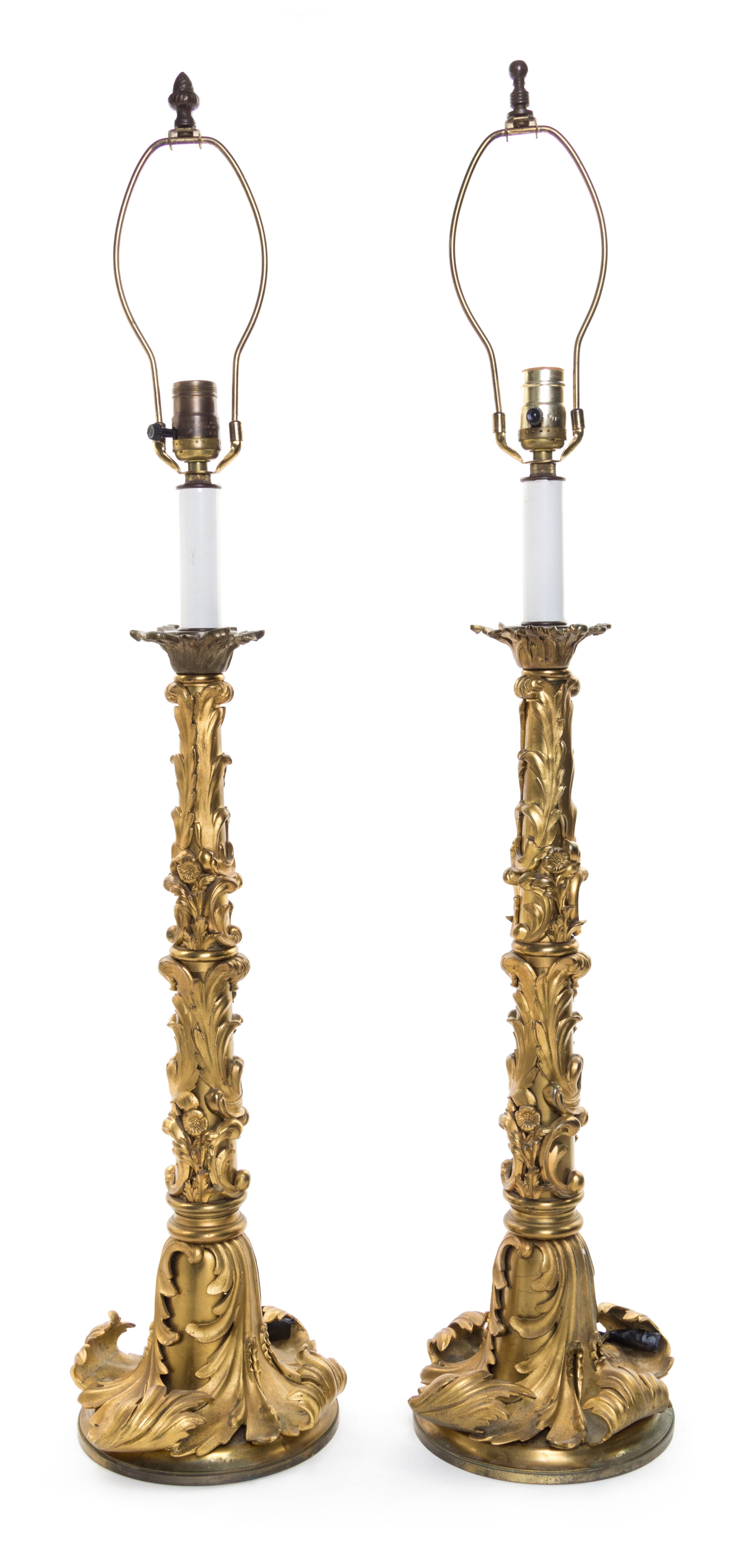 A Pair of Louis XV Style Gilt Bronze Mounted Table Lamps Height overall 30 inches. — 20TH CENTURY