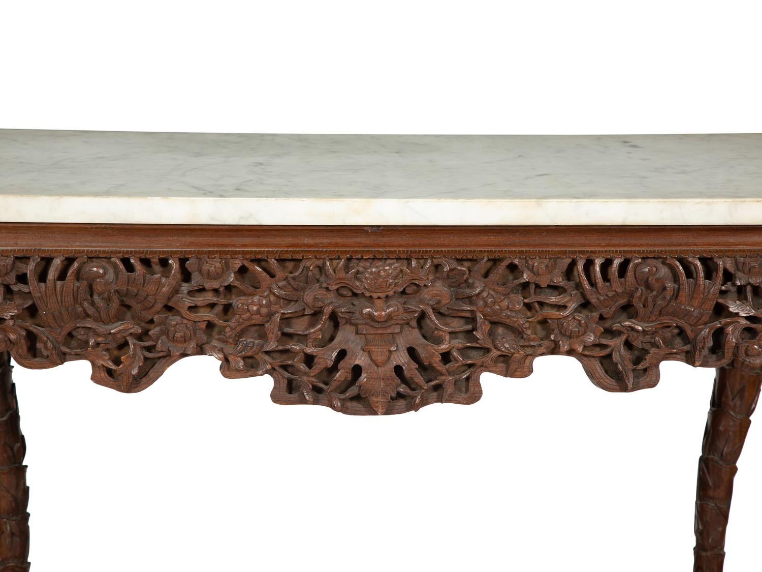 A Carved Anglo-Indian Rosewood Console Table with Carrara Marble Top