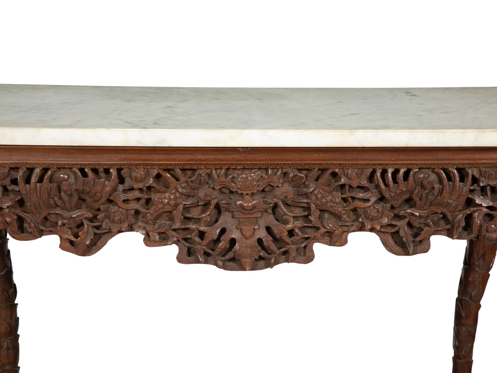 A Carved Anglo-Indian Rosewood Console Table with Carrara Marble Top