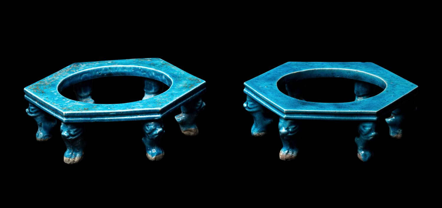 A Pair of Chinese Turquoise Glazed Hexagonal Porcelain Vase Stands, Kangxi Period 清康熙 松石釉六方瓷瓶座
