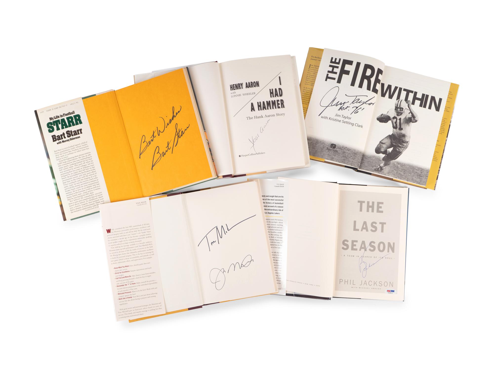 A Group of 5 Signed Autograph Books From Notable Hall of Fame Athletes Including Hank Aaron, Bart Starr, Joe Montana and Phil Jackson,