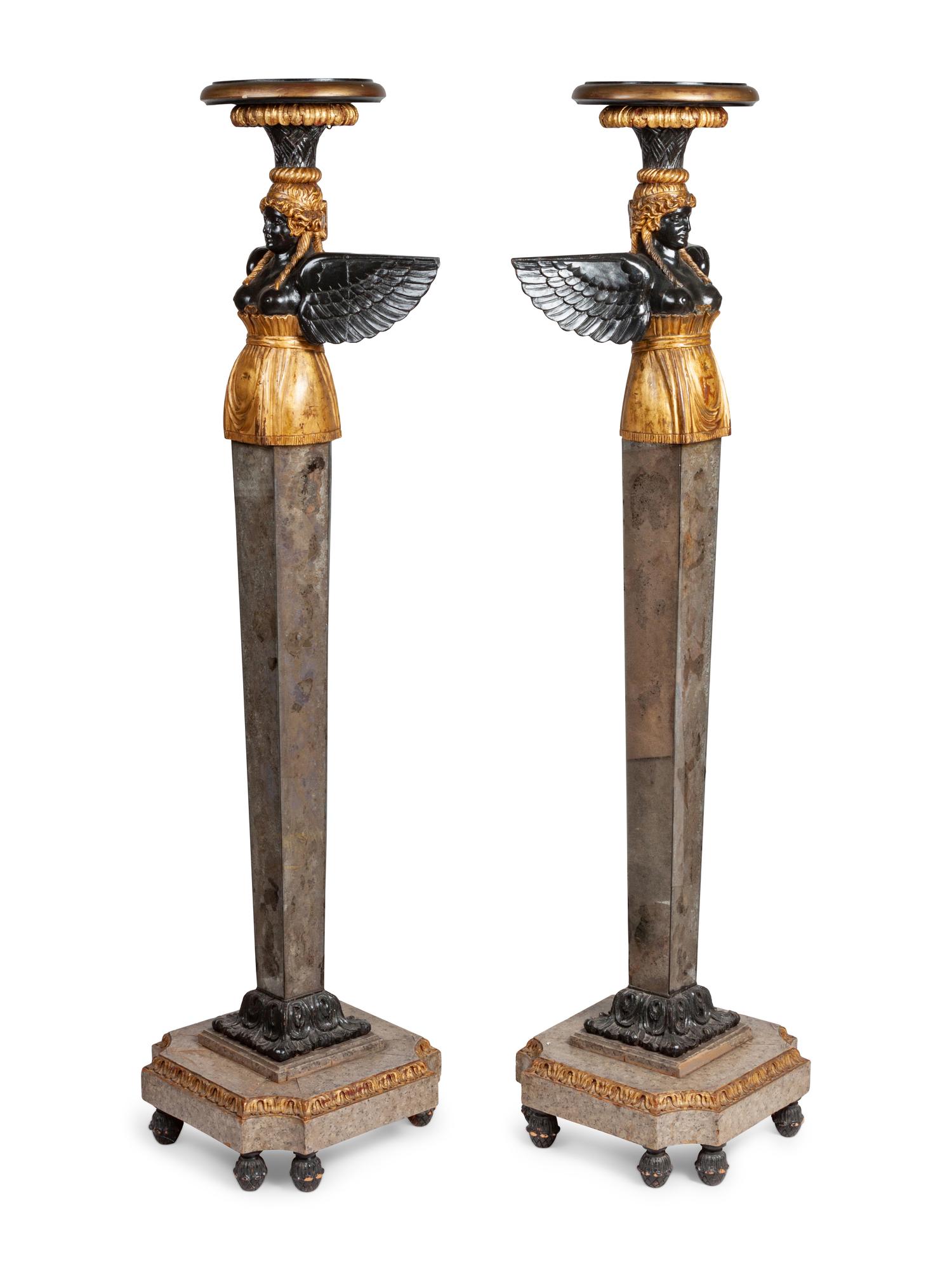 A Pair of Venetian Style Carved, Painted and Mirror Veneered Pedestals