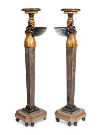 A Pair of Venetian Style Carved, Painted and Mirror Veneered Pedestals