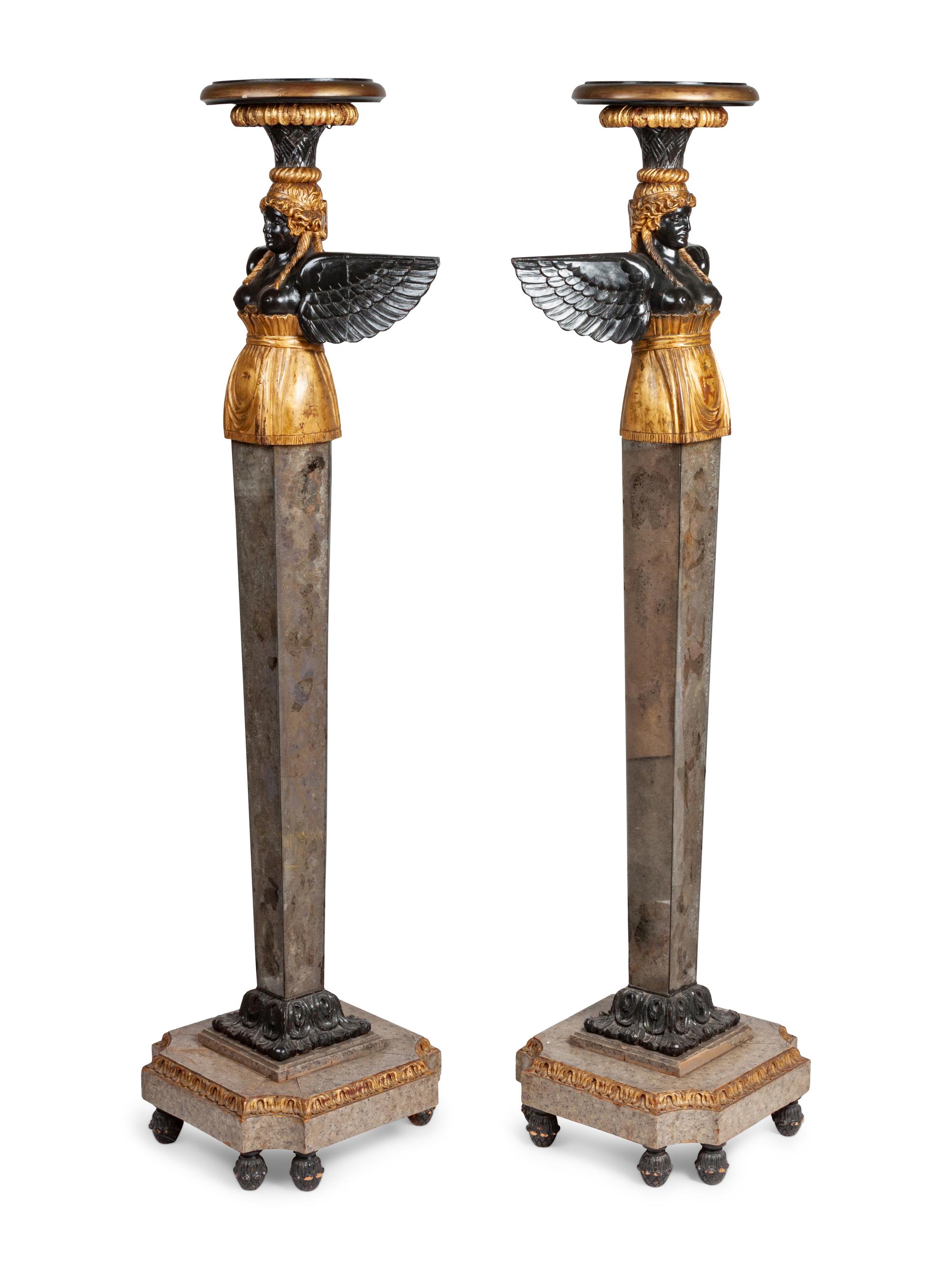 A Pair of Venetian Style Carved, Painted and Mirror Veneered Pedestals