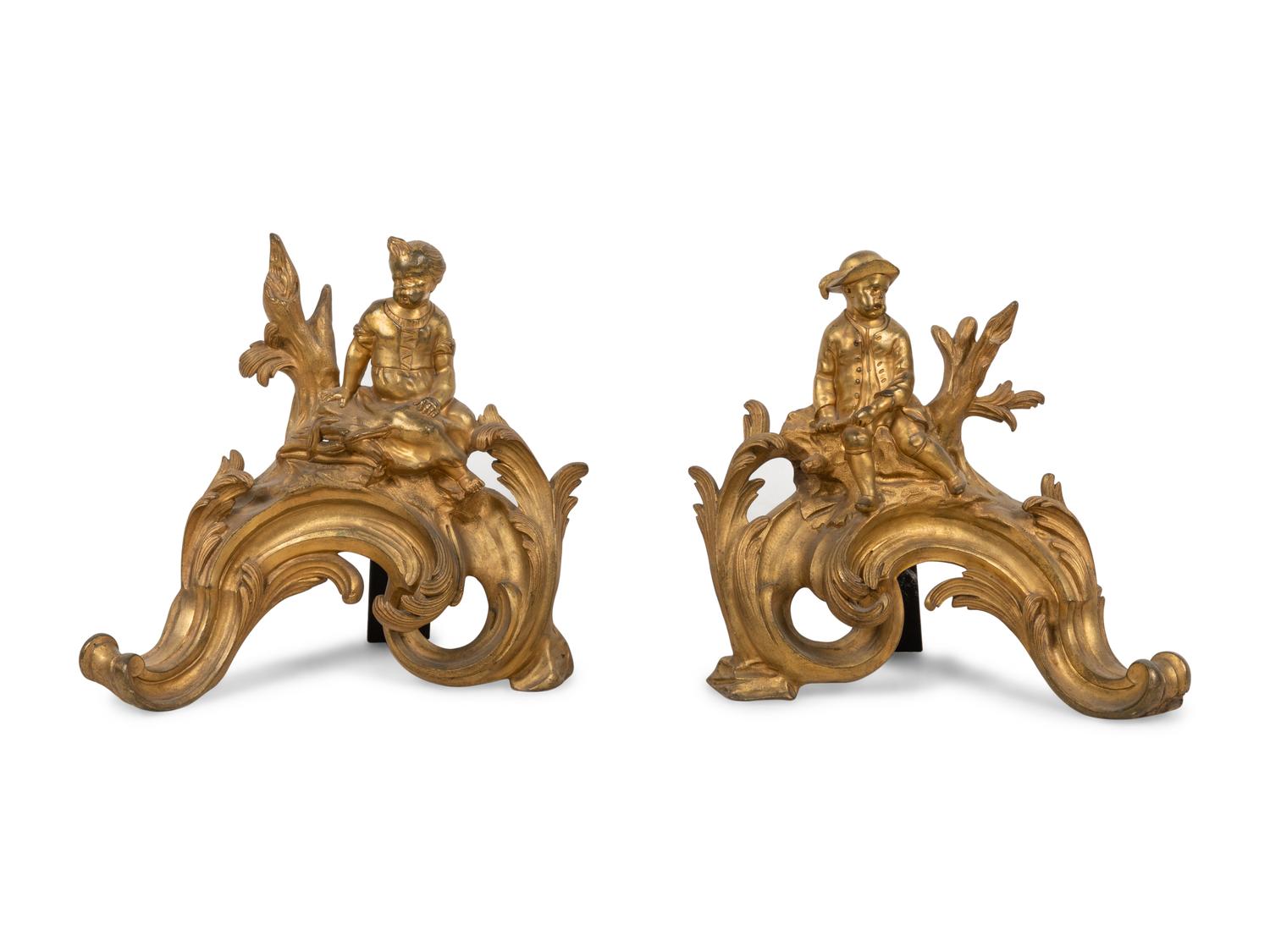 A Pair of Louis XV Style Gilt Bronze Figural Chenets