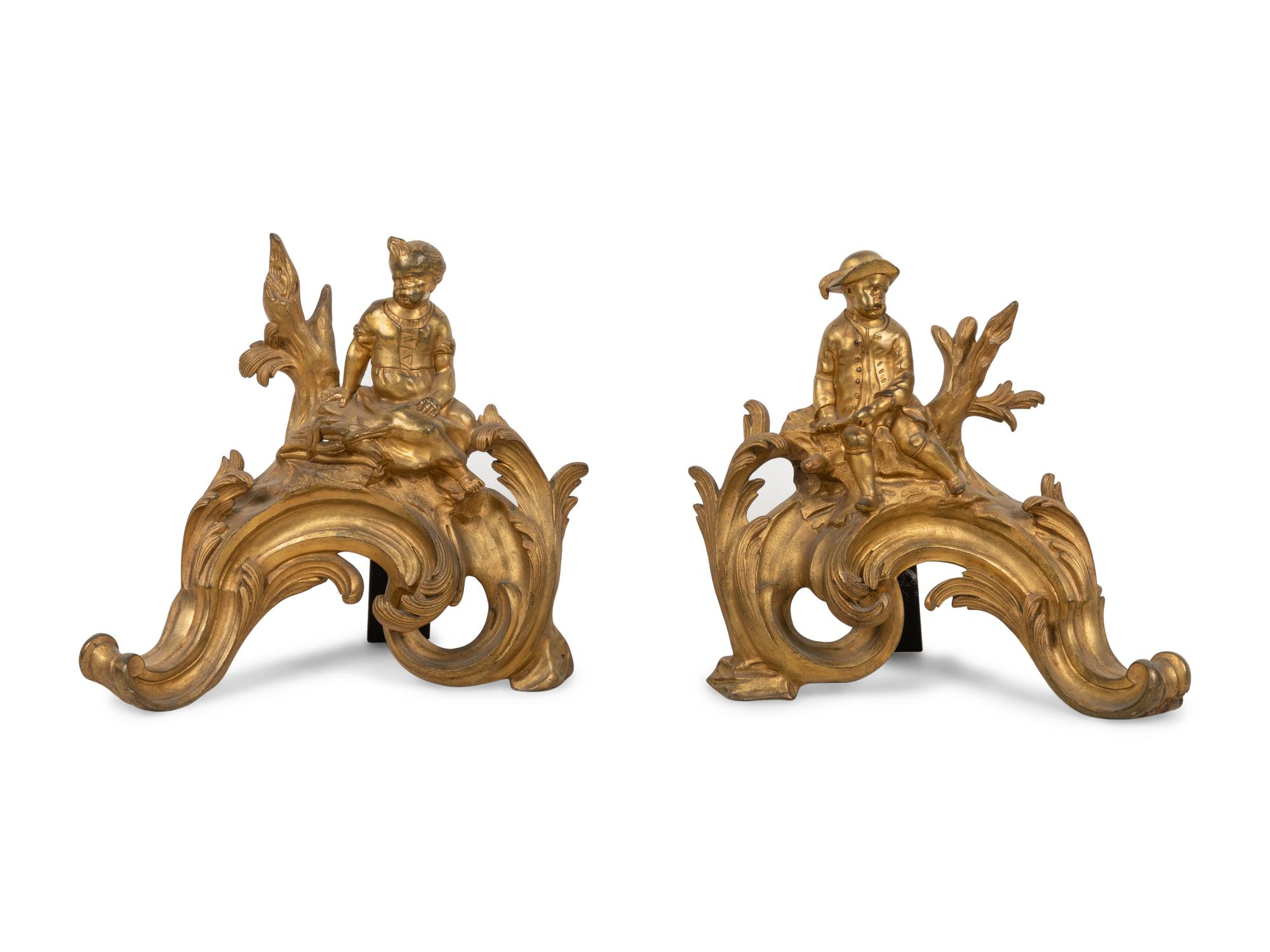 A Pair of Louis XV Style Gilt Bronze Figural Chenets