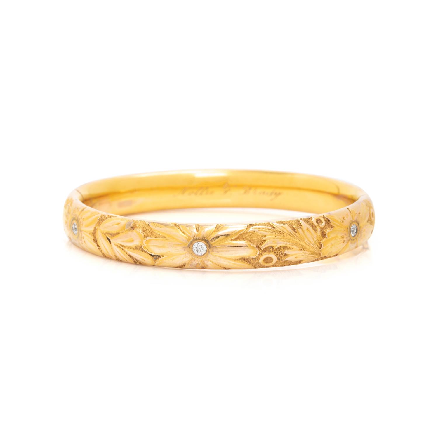 YELLOW GOLD AND DIAMOND FLORAL BANGLE BRACELET