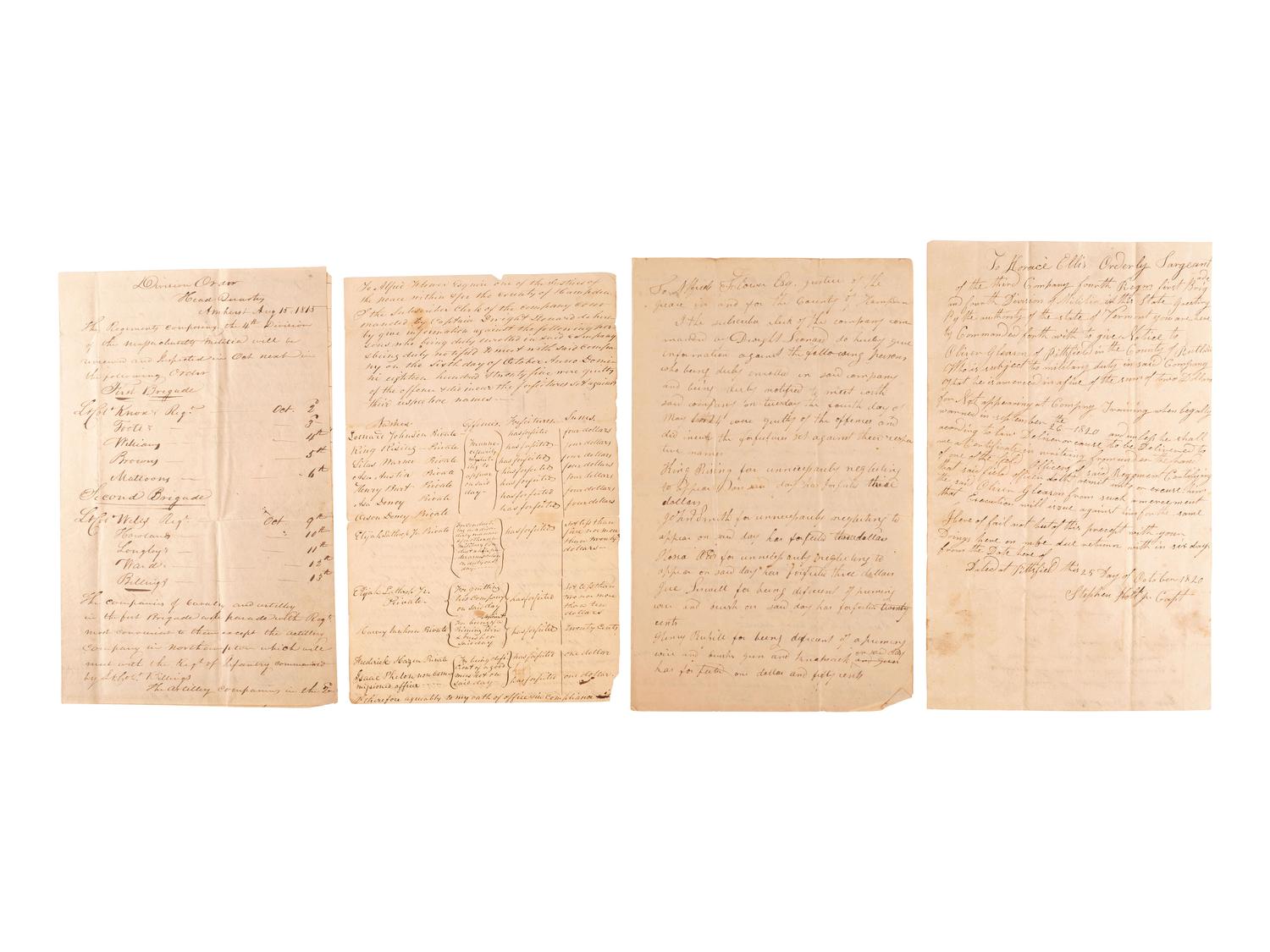 [MILITIA]. A group of documents related to nineteenth-century state militias, including broadsides and a War of 1812 appointment signed by Connecticut Governor John Cotton Smith.