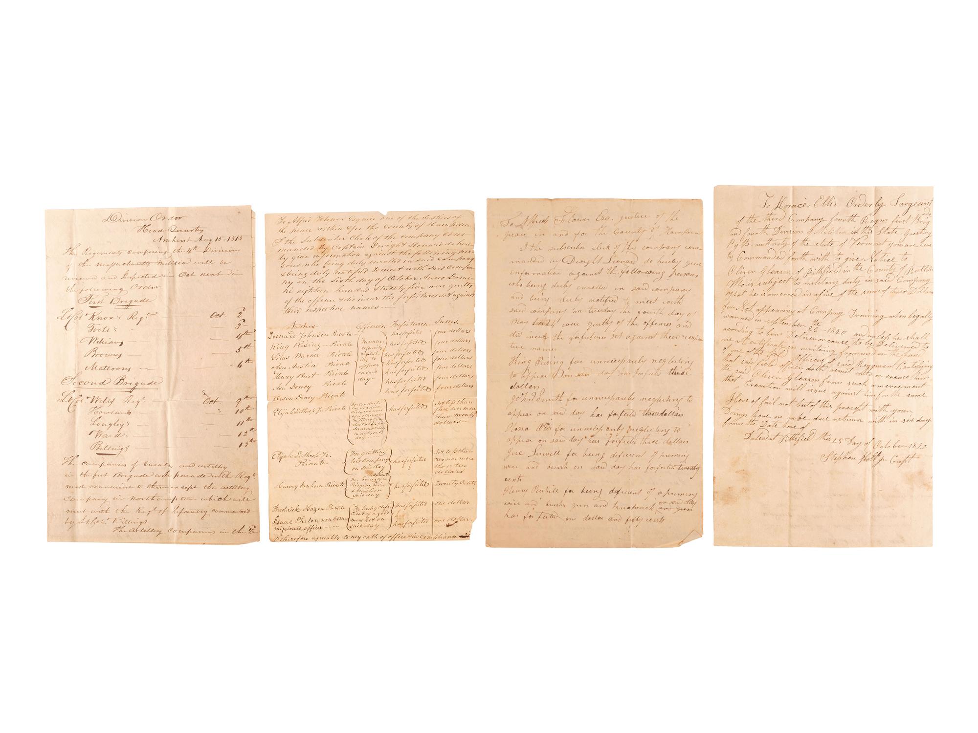 [MILITIA]. A group of documents related to nineteenth-century state militias, including broadsides and a War of 1812 appointment signed by Connecticut Governor John Cotton Smith.