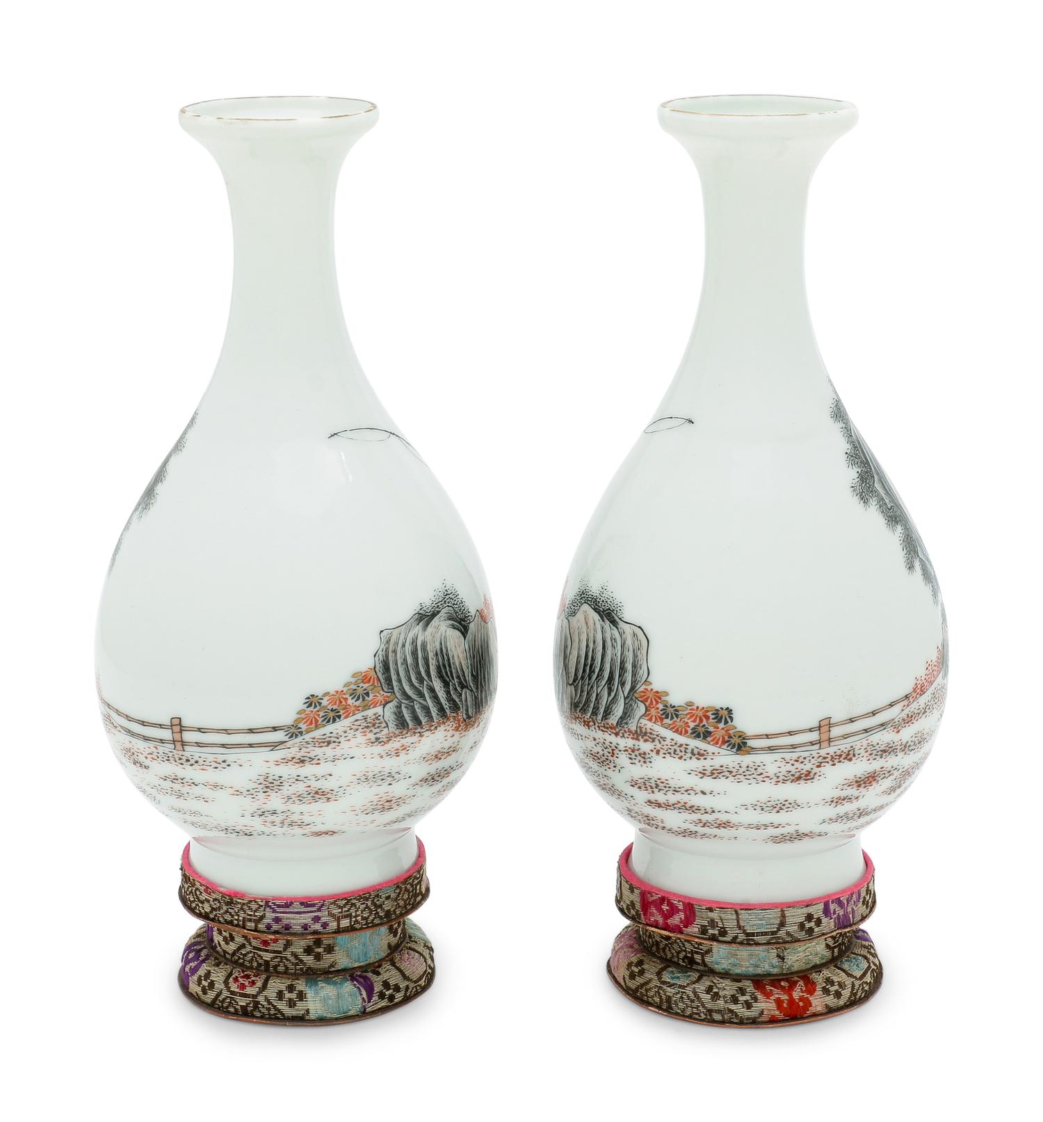 A Pair of Famille Rose Porcelain 'Figural' Bottle Vases