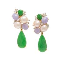 Jade, Cultured Pearl, and Diamond Drop Earrings