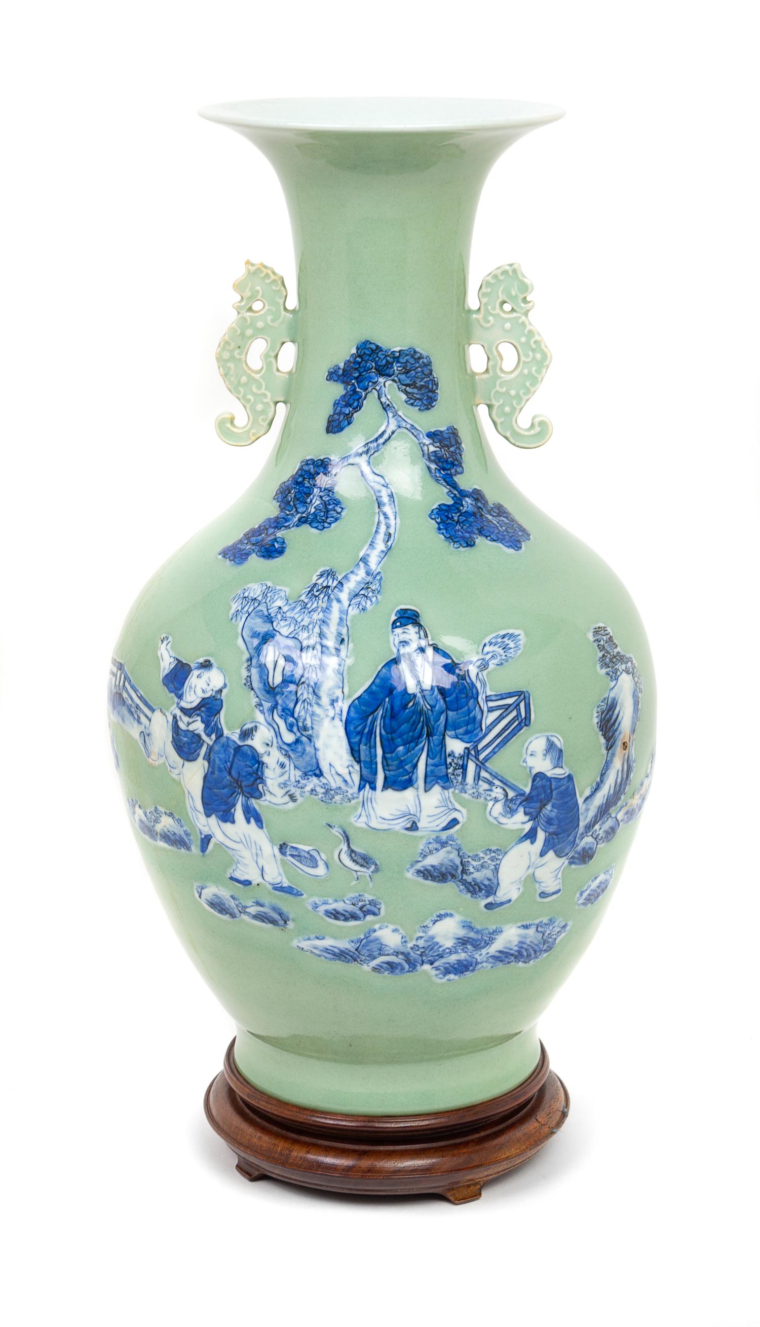 A Chinese Celadon Ground Underglaze Blue Porcelain Vase