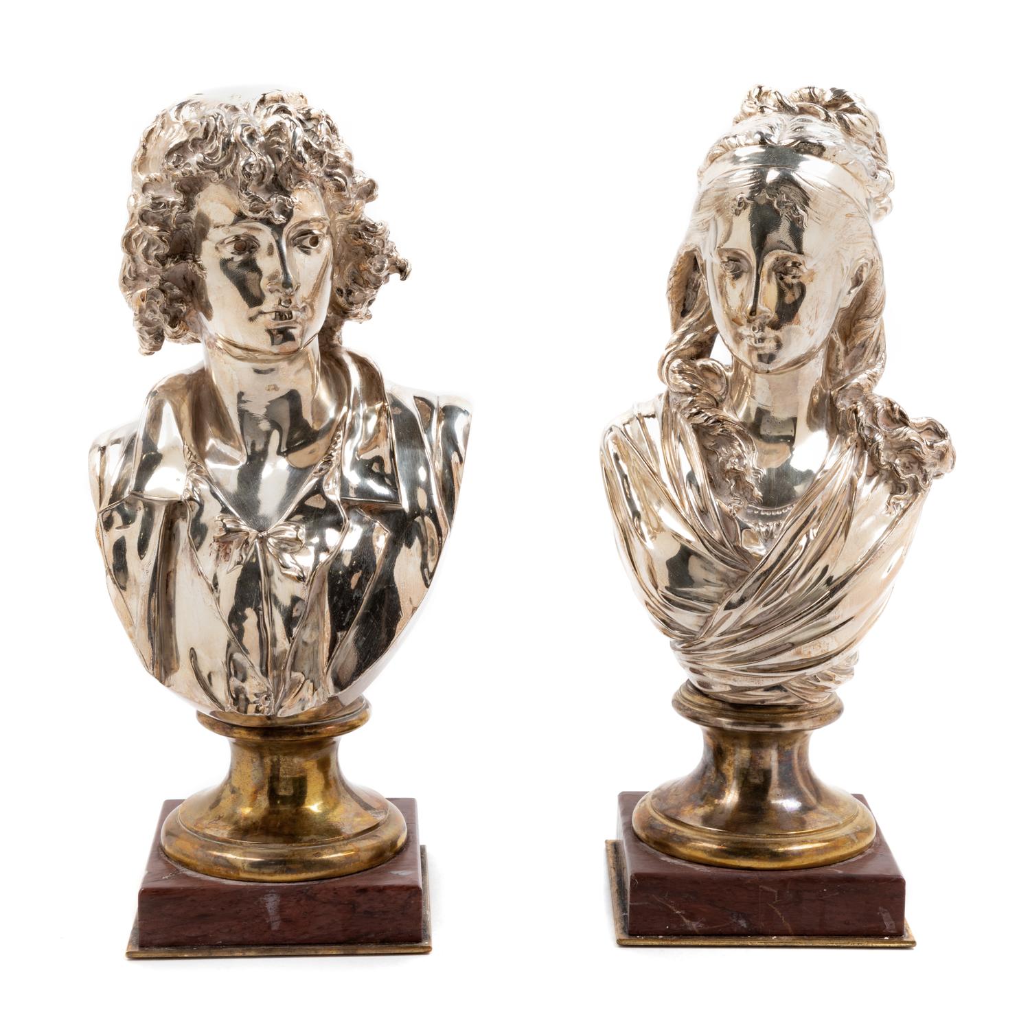 Two French Silvered Bronze and Marble Busts Height of first 12 1/2 x width 6 inches. — AFTER ALBERT-ERNEST CARRIER-BELLEUSE, LATE 19TH CENTURY