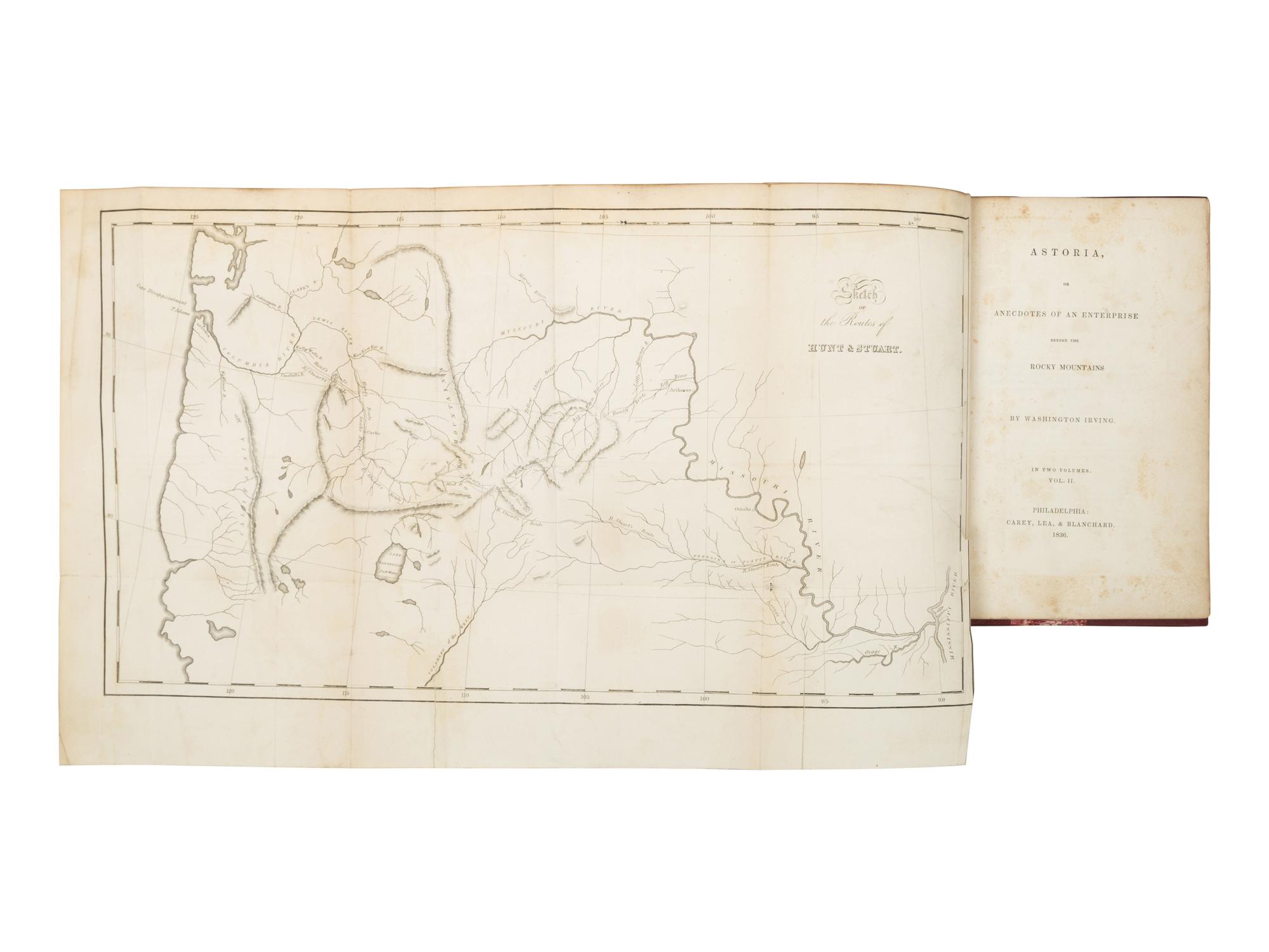 IRVING, Washington (1783-1859). Astoria, or Anecdotes of an Enterprise beyond the Rocky Mountains . Philadelphia: Carey, Lea, & Blanchard, 1836.