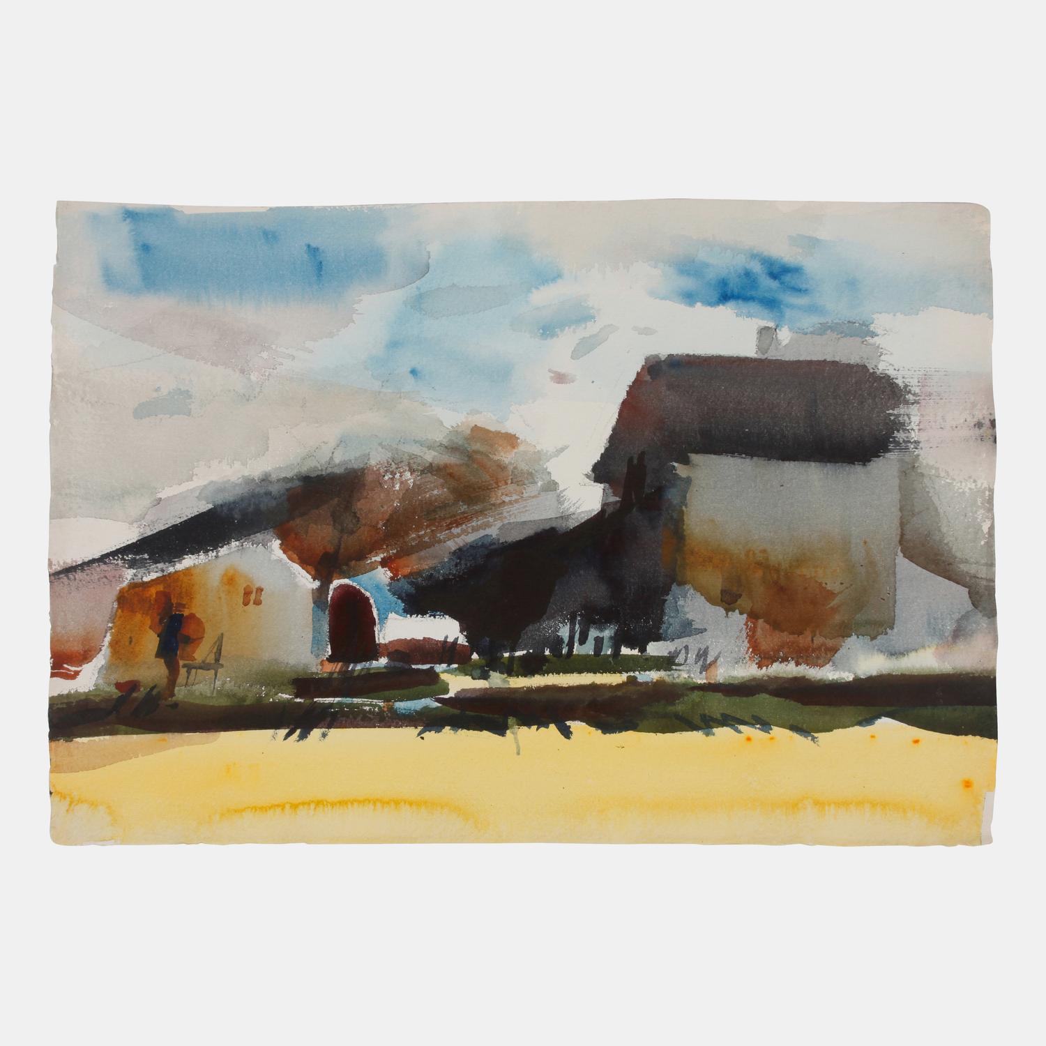 Three works: Coastal Town; Artist Painting in Yard; and Seascape