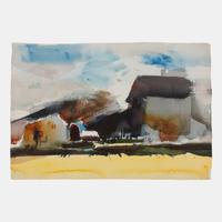 Three works: Coastal Town; Artist Painting in Yard; and Seascape