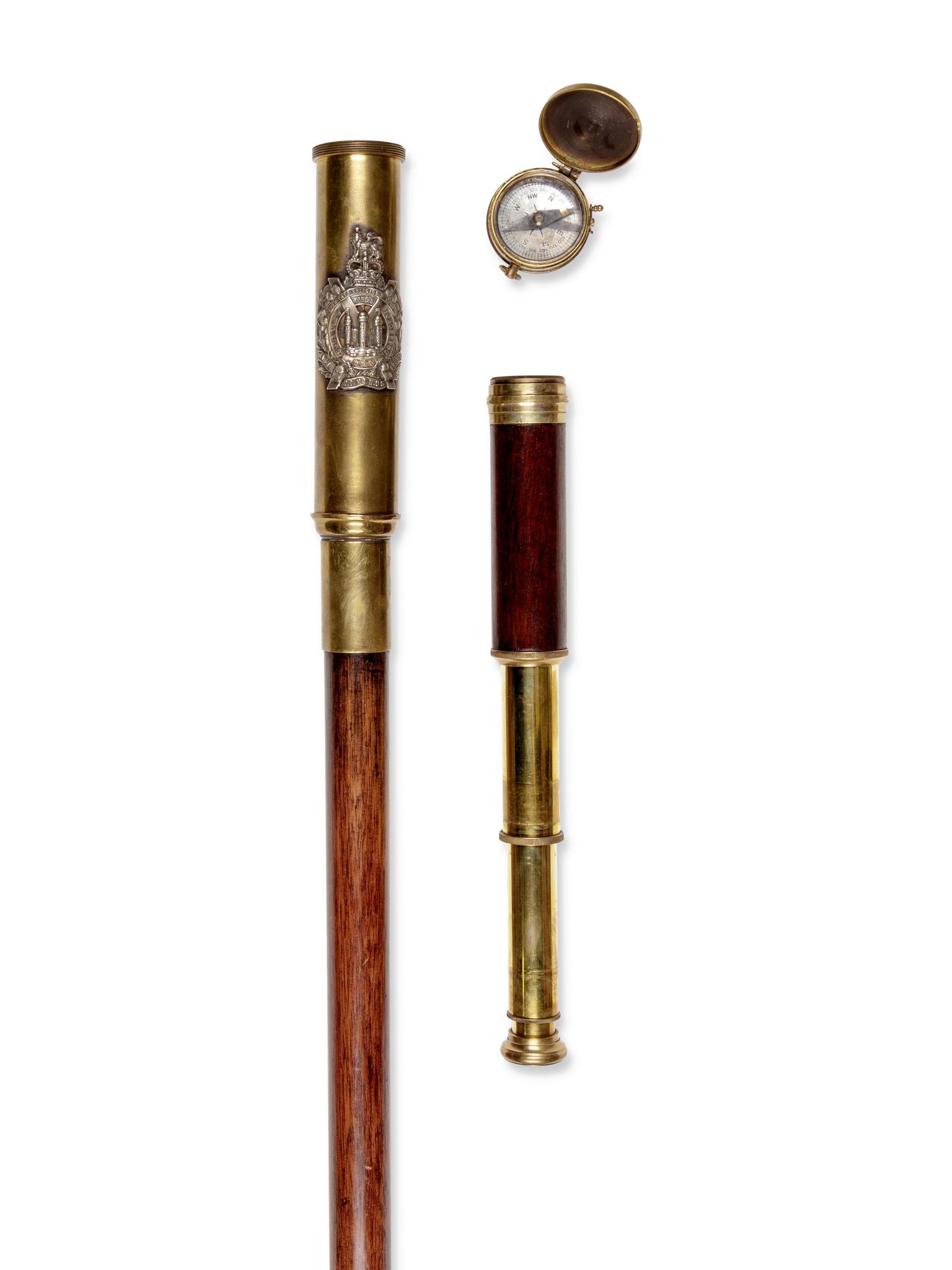 A British Silvered Metal Mounted Brass Explorer's Walking Stick