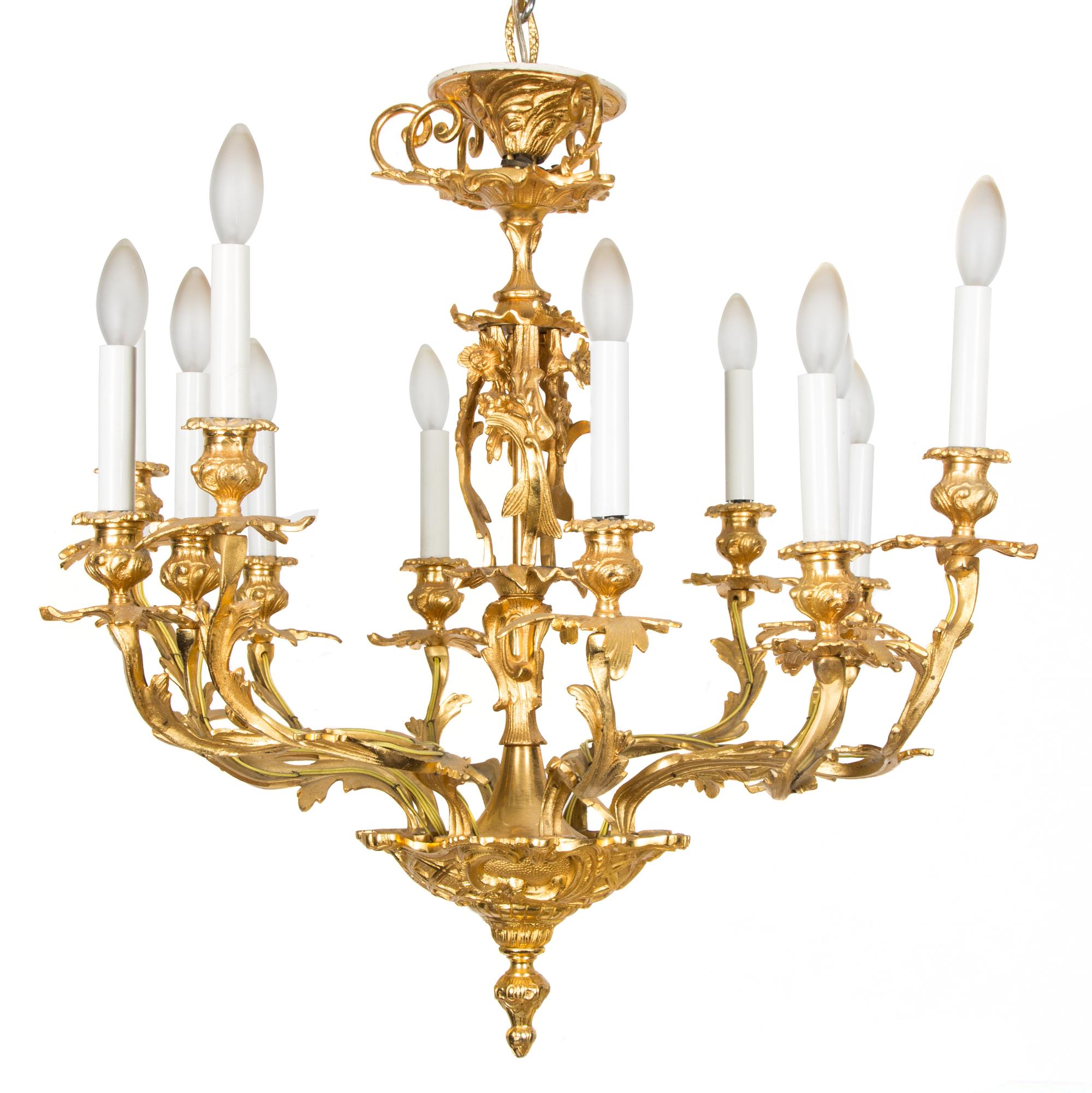 A Louis XV Style Gilt Bronze Twelve-Light Chandelier Height 24 x diameter 30 inches. — 20TH CENTURY