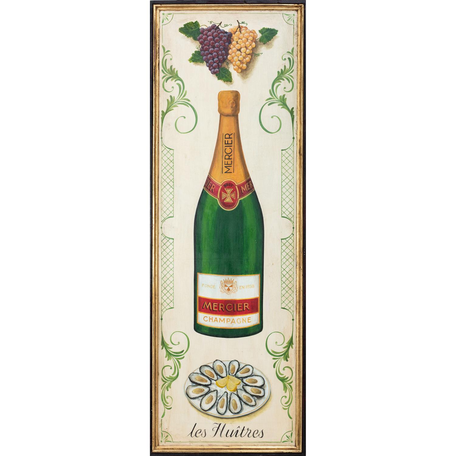 A Mercier Champagne and les Huitres Painted Advertising Panel