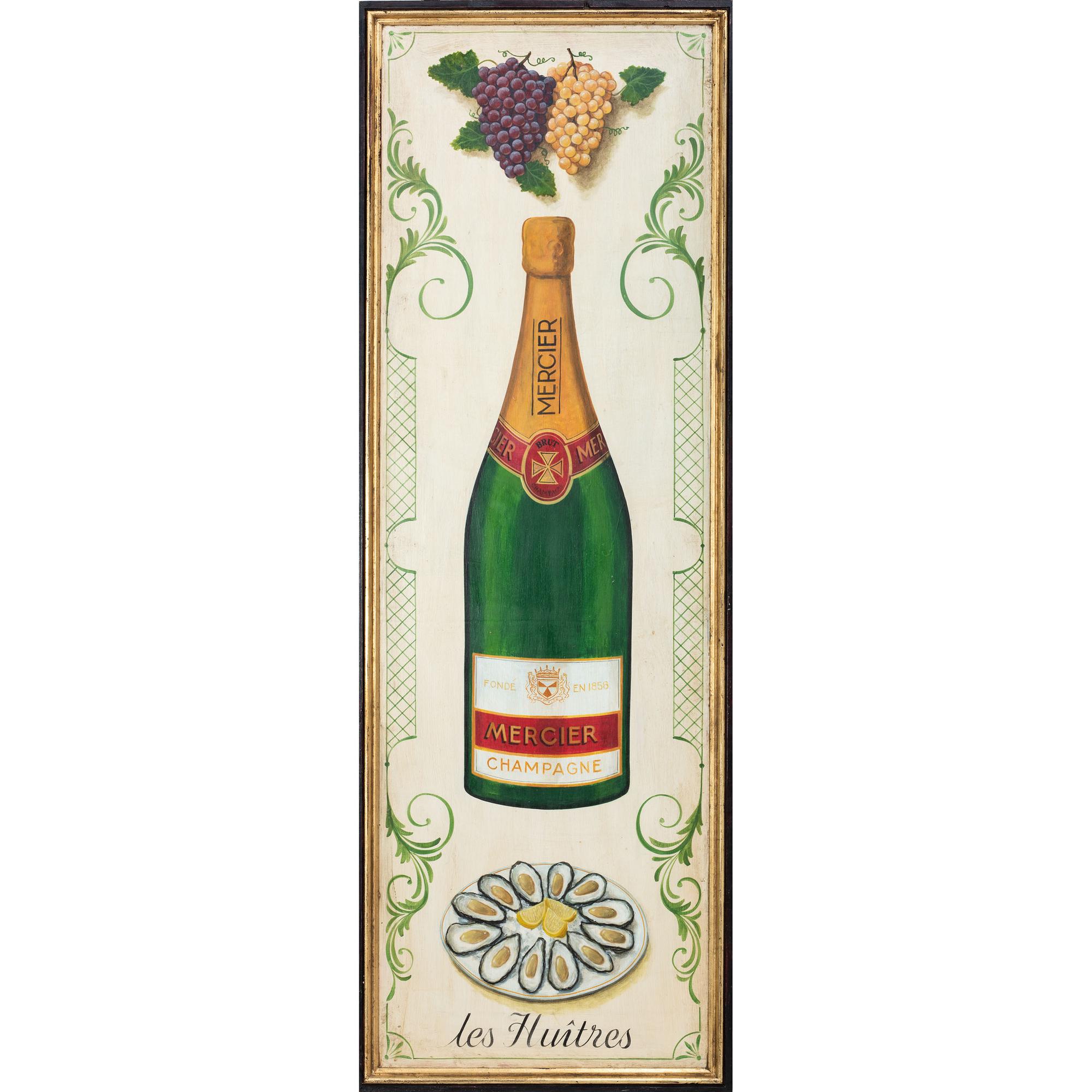 A Mercier Champagne and les Huitres Painted Advertising Panel