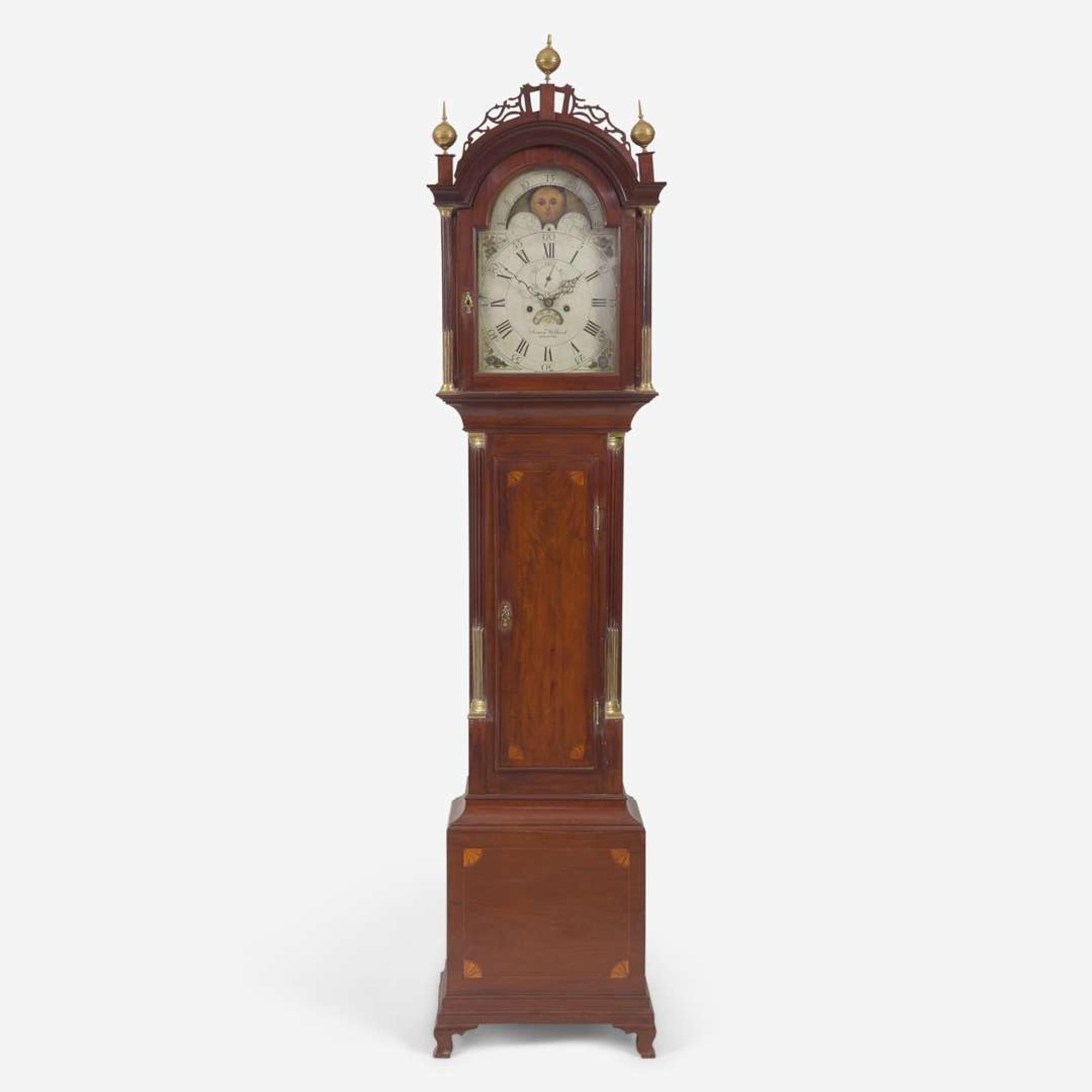 A Federal inlaid mahogany tall case clock Works by Simon Willard (1753-1848), Roxbury, MA, the case possibly by Stephen Badlam (1751-1815), Dorchester, MA, circa 1795