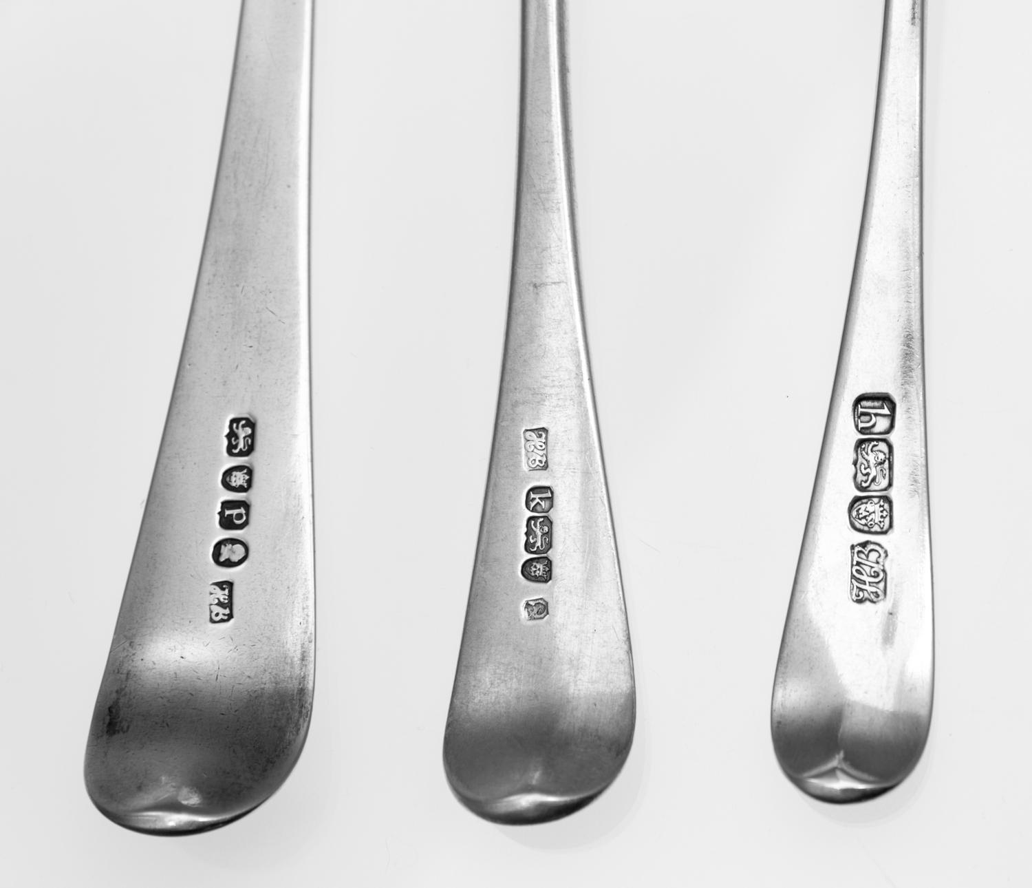 Three George III Silver Serving Spoons, Hester Bateman, London, 1783-1791, comprising a sauce ladle and two serving spoons.
