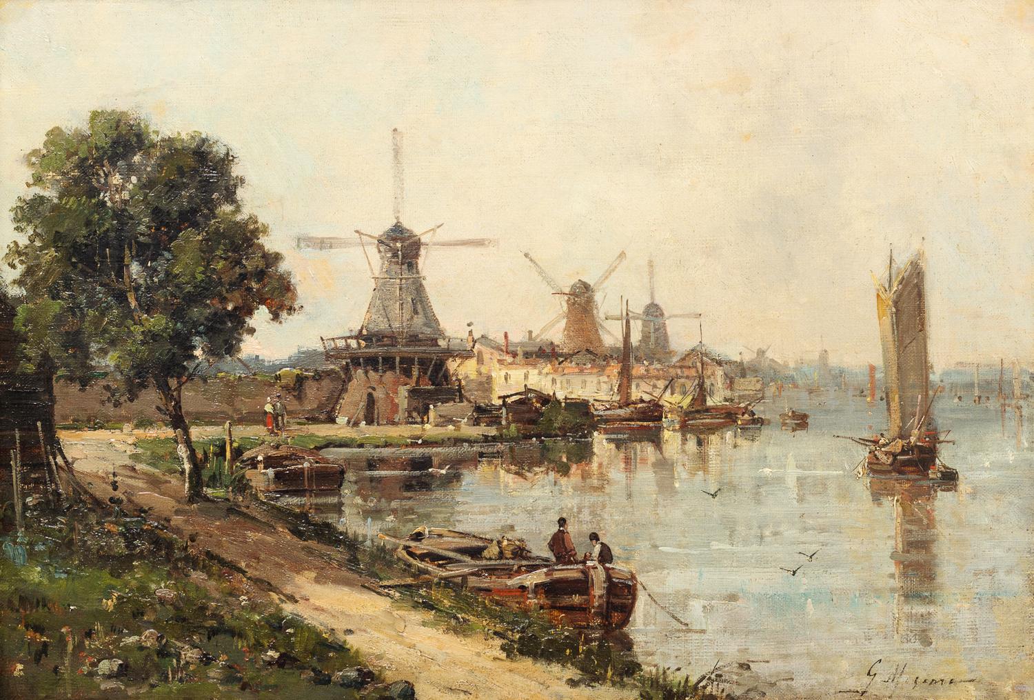 Gustave Mascart, (French, 1834-1914), Barges on a Dutch Canal
