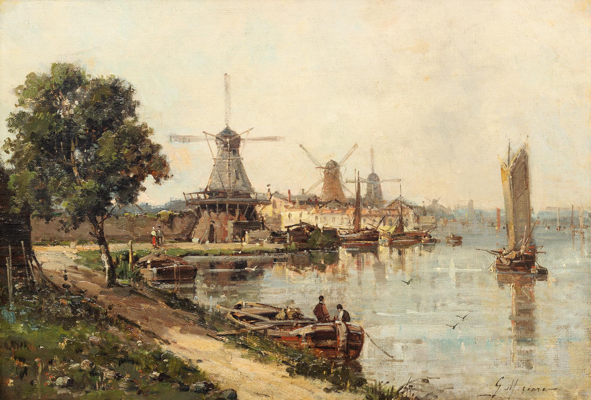 Gustave Mascart, (French, 1834-1914), Barges on a Dutch Canal