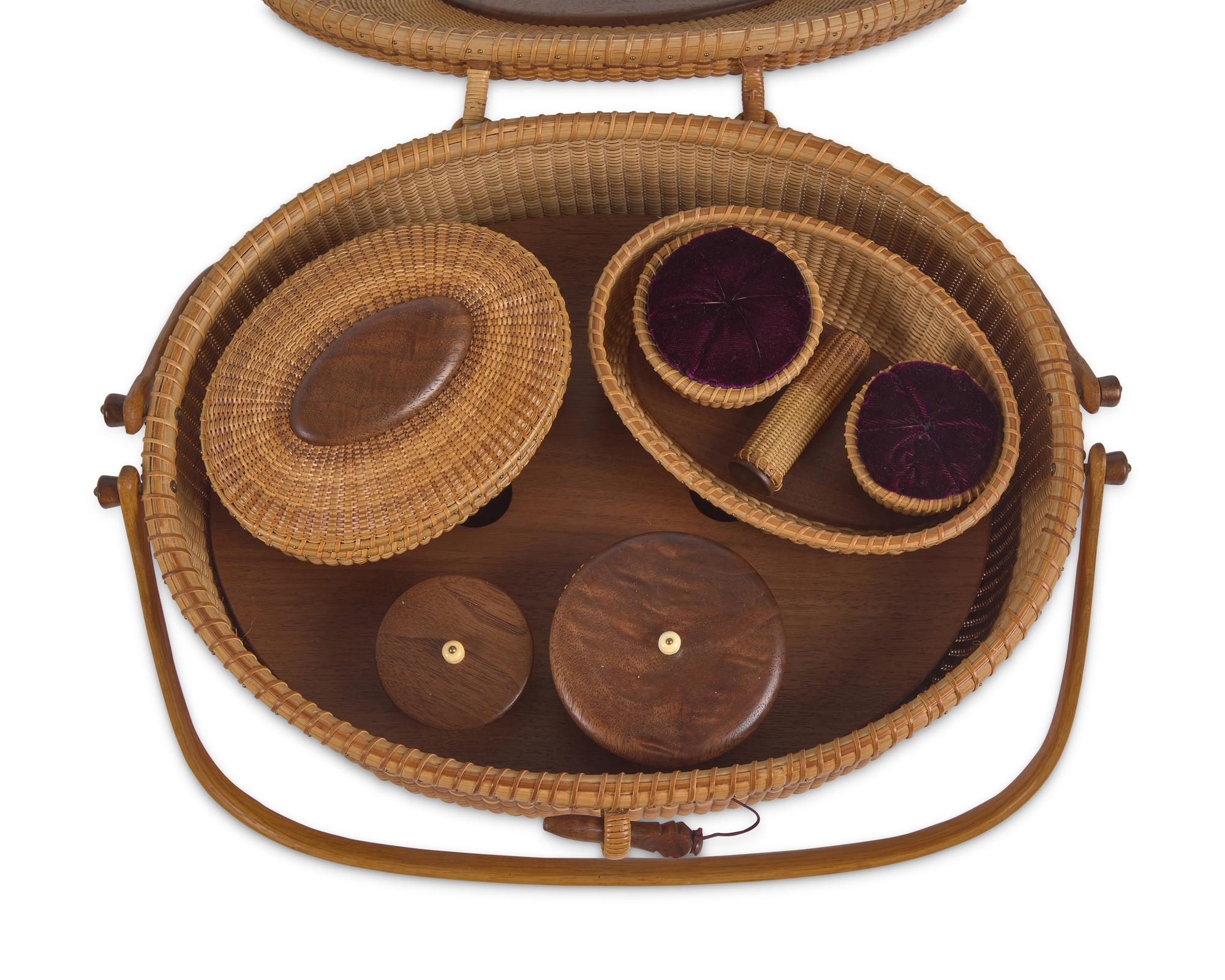 A Nantucket Style Lightship Sewing Basket With Accessories, By Darryl and Karen Arawjo, Bushkill, PA, Dated "1994"