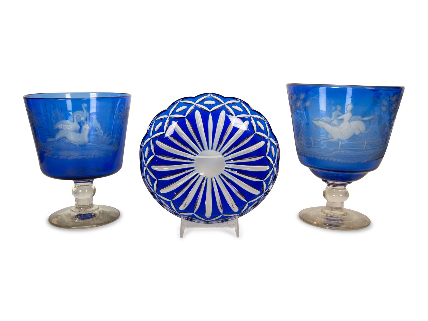 Two Bohemian Cobalt Blue Glass Footed Compotes and a Dish