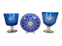 Two Bohemian Cobalt Blue Glass Footed Compotes and a Dish