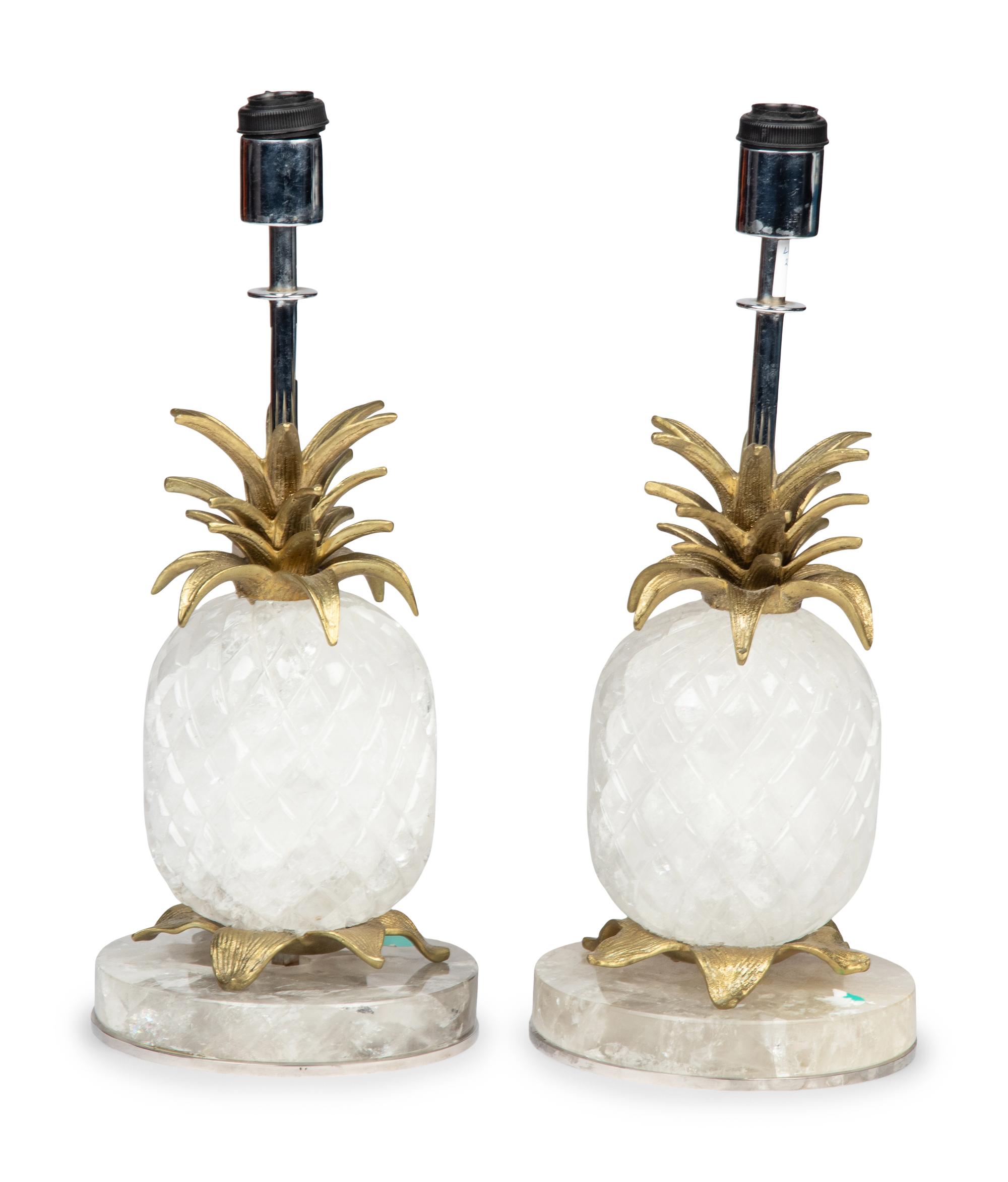 A Pair of Pineapple-Form Gilt Metal Mounted Rock Crystal Lamps