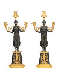 A Pair of Empire Gilt and Patinated Bronze Three-Light Candelabra