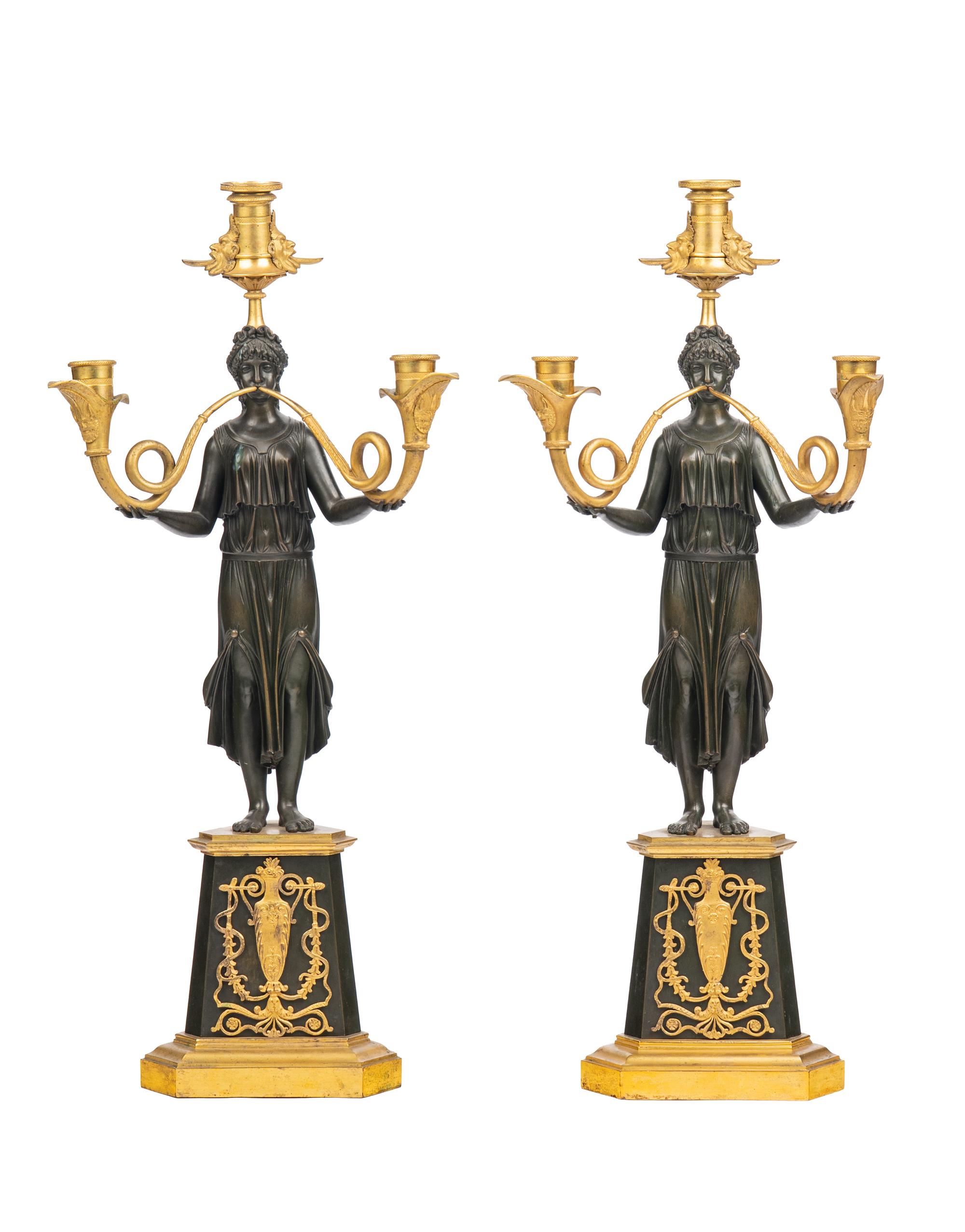 A Pair of Empire Gilt and Patinated Bronze Three-Light Candelabra
