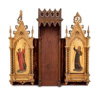 A Continental Carved Oak Altar Panel with Paintings after Fra Angelico