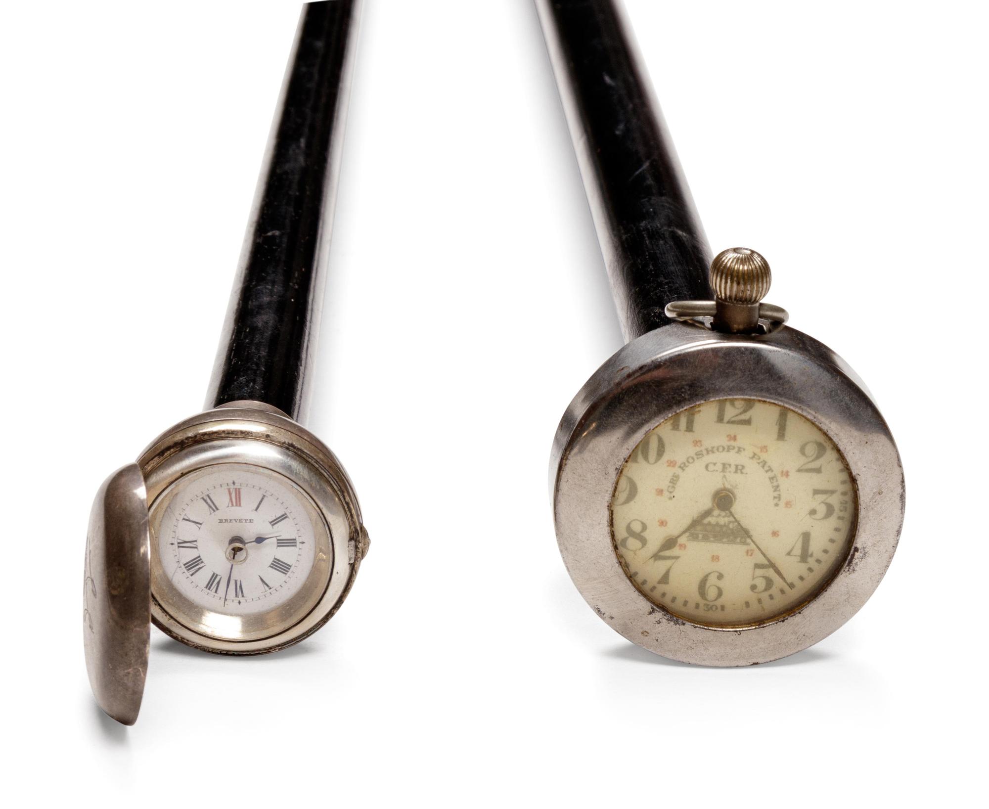Three Continental Pocket Watch Mounted System Walking Sticks