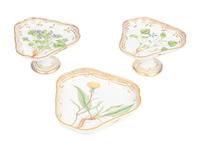 A Pair of Royal Copenhagen Flora Danica Porcelain Triangular Compotes and a Triangular Salad Bowl