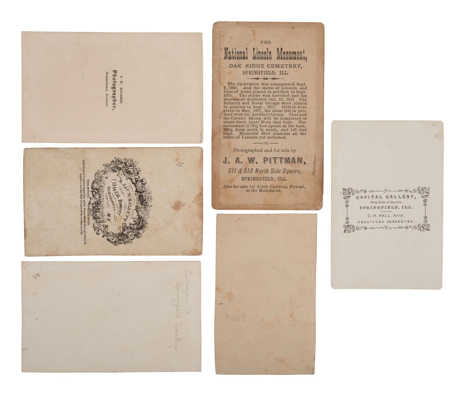 [LINCOLN, Abraham (1809-1865)]. A group of 6 CDVs of Lincoln's tomb and Oak Ridge Cemetery in Springfield, IL.