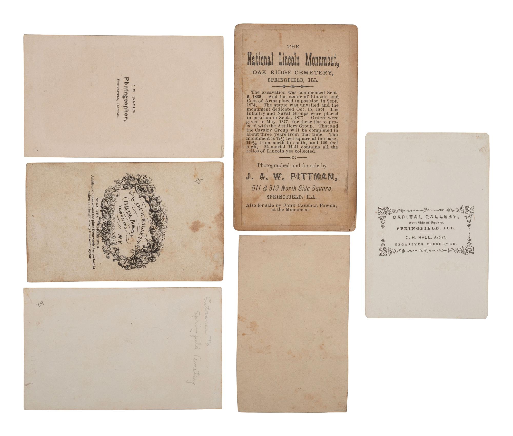 [LINCOLN, Abraham (1809-1865)]. A group of 6 CDVs of Lincoln's tomb and Oak Ridge Cemetery in Springfield, IL.