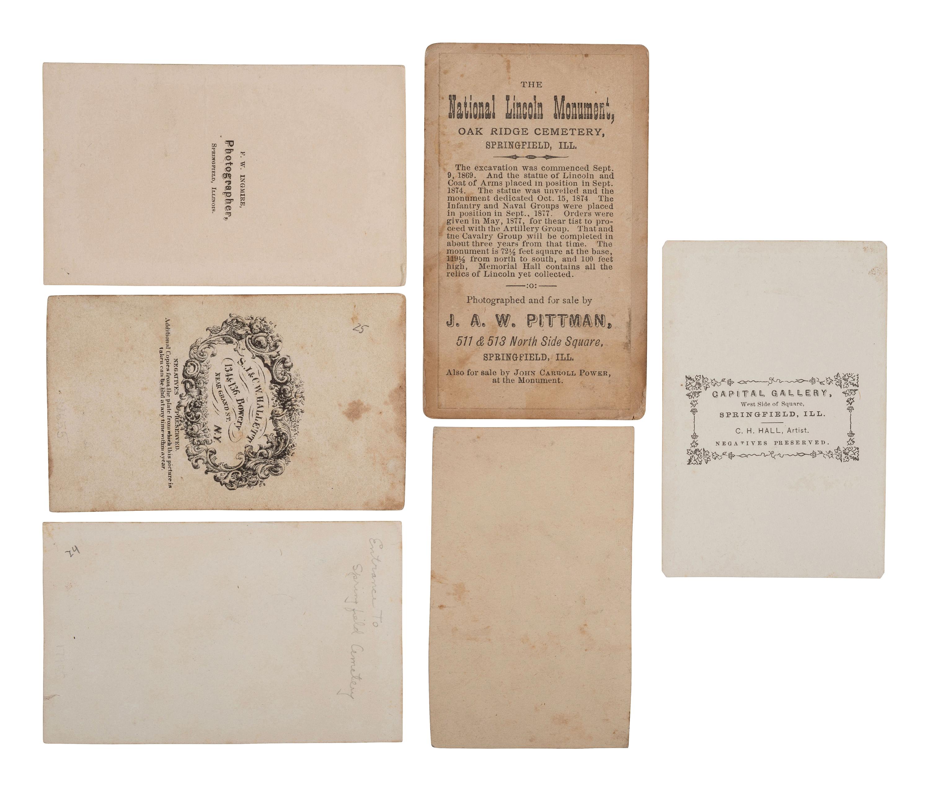 [LINCOLN, Abraham (1809-1865)]. A group of 6 CDVs of Lincoln's tomb and Oak Ridge Cemetery in Springfield, IL.